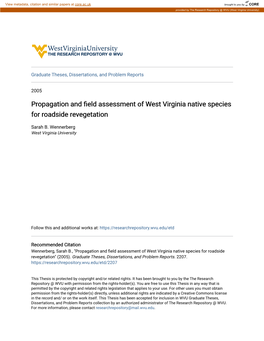 Propagation and Field Assessment of West Virginia Native Species for Roadside Revegetation