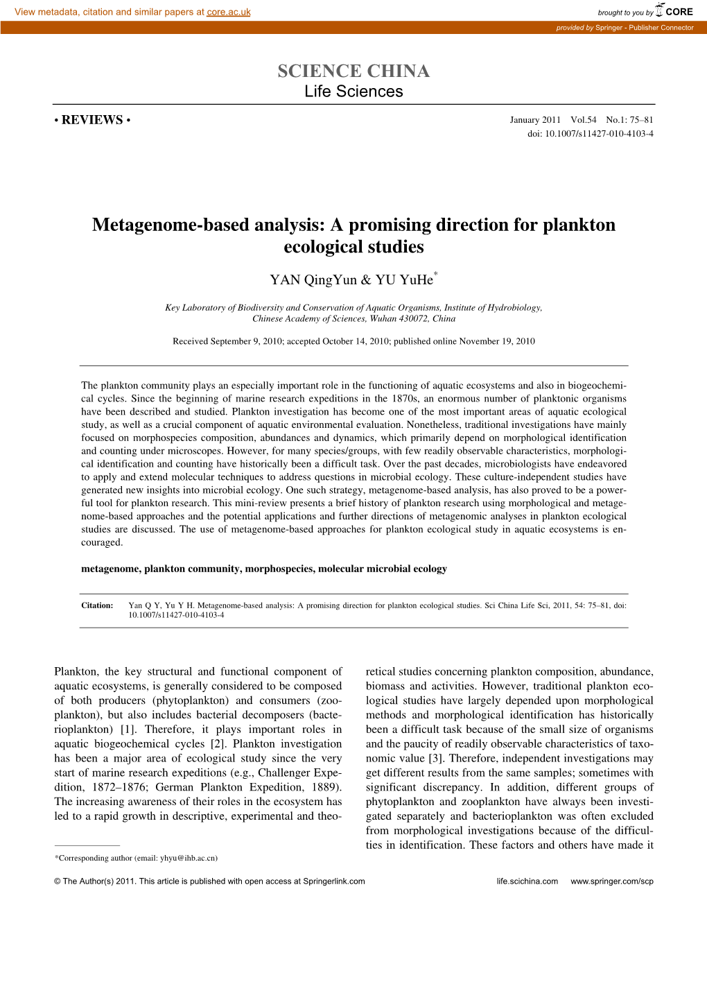 SCIENCE CHINA Metagenome-Based Analysis: A