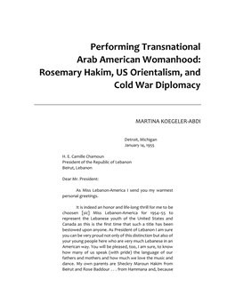 Performing Transnational Arab American Womanhood: Rosemary Hakim, US Orientalism, and Cold War Diplomacy
