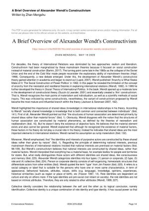 A Brief Overview of Alexander Wendt's Constructivism Written by Zhan Mengshu