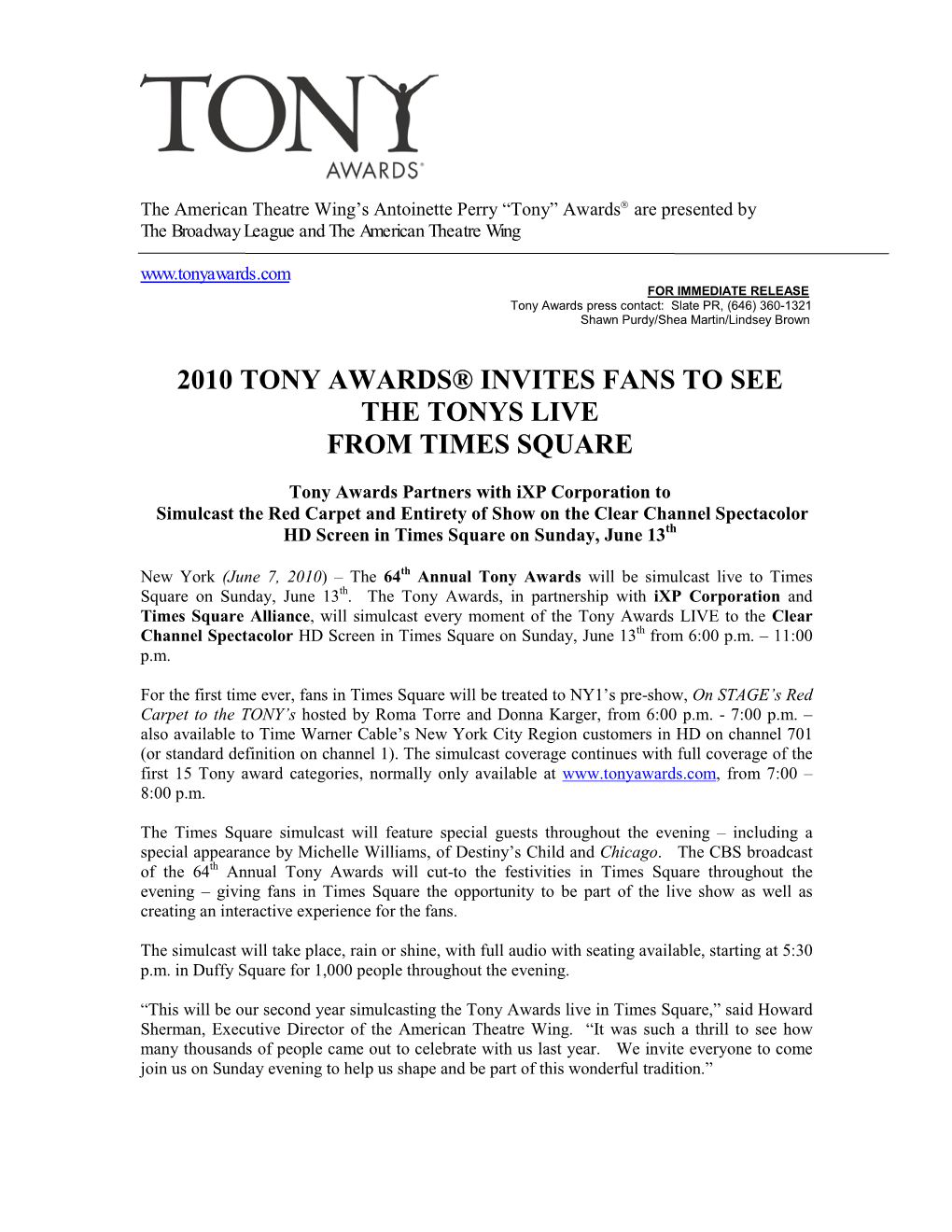 2010 Tony Awards® Invites Fans to See the Tonys Live from Times Square