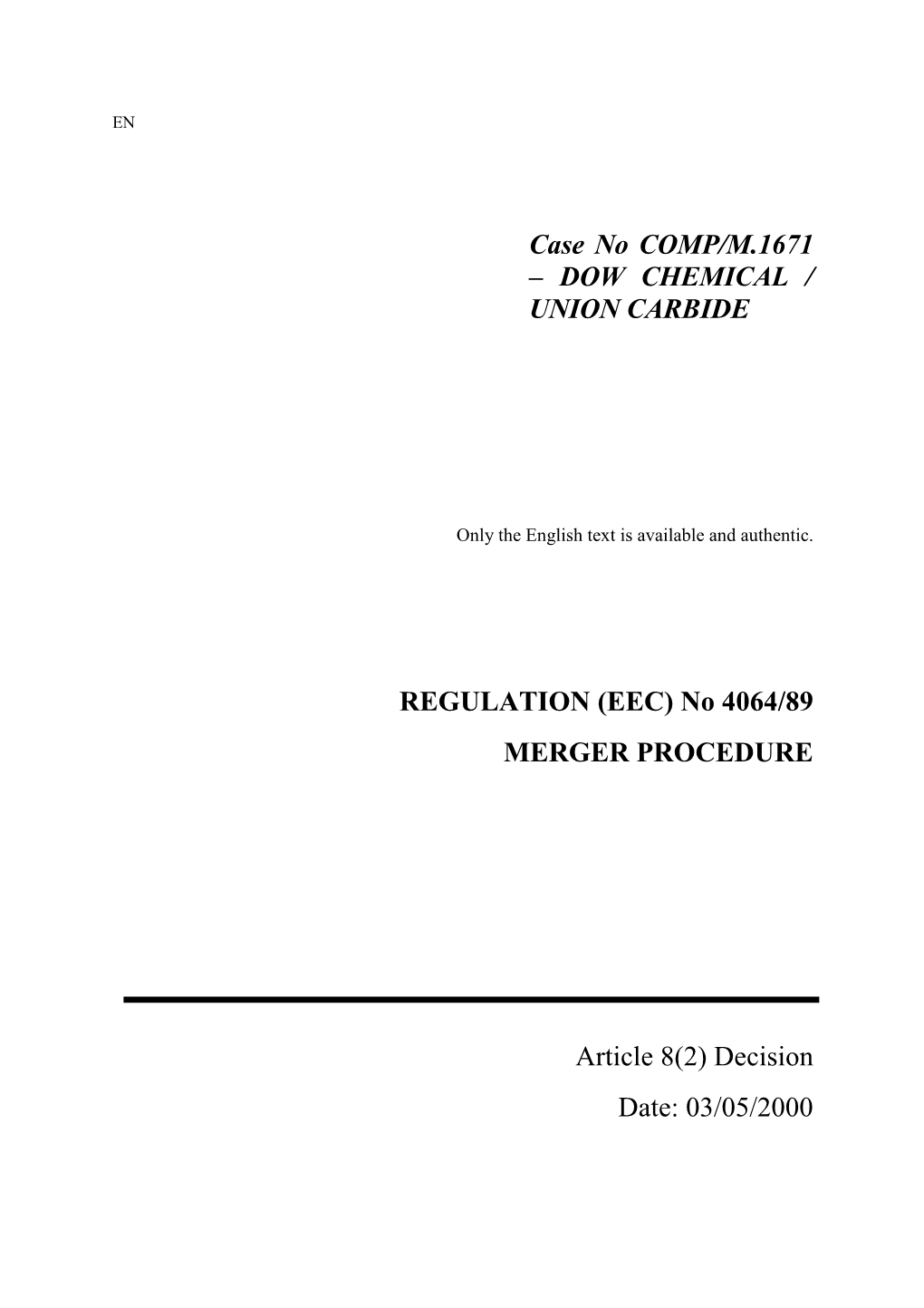 Dow Chemical / Union Carbide Regulation