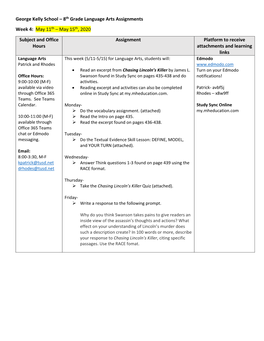 George Kelly School – 8Th Grade Language Arts Assignments Week 4: May 11Th – May 15Th, 2020