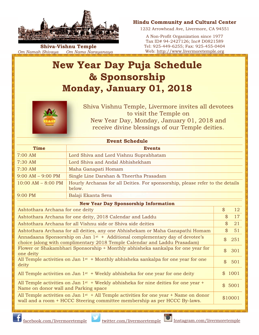 New Year Day Puja Schedule & Sponsorship