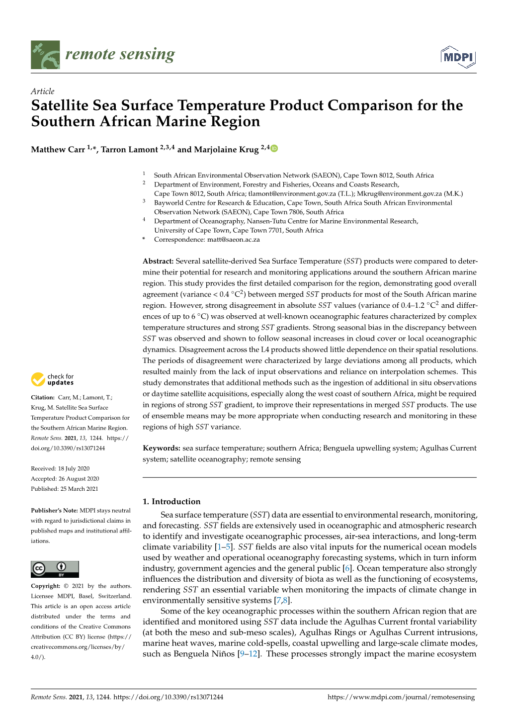 Satellite Sea Surface Temperature Product Comparison for the Southern African Marine Region