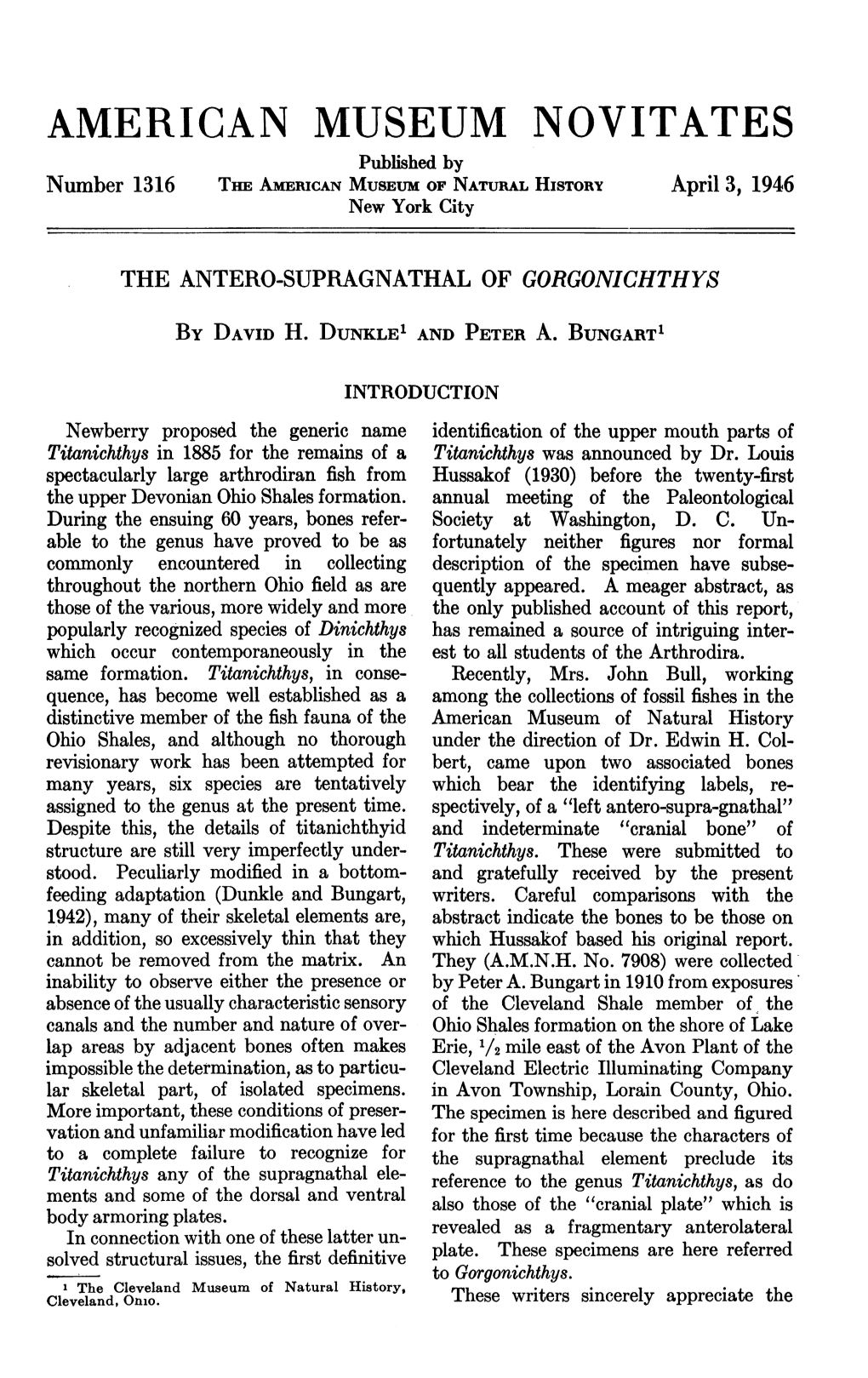 AMERICAN MUSEUM NOVITATES Published by Number 1316 Tim AMERICAN MUSEUM of NATURAL HISTORY April 3, 1946 New York City