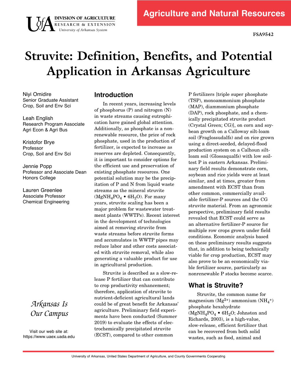 Struvite: Definition, Benefits, and Potential Application in Arkansas Agriculture