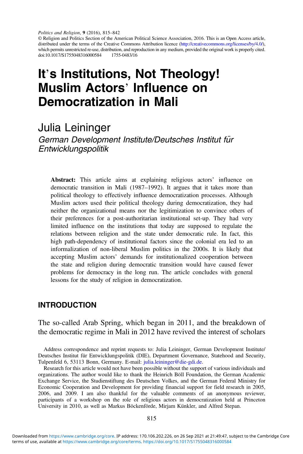 It's Institutions, Not Theology! Muslim Actors' Influence On