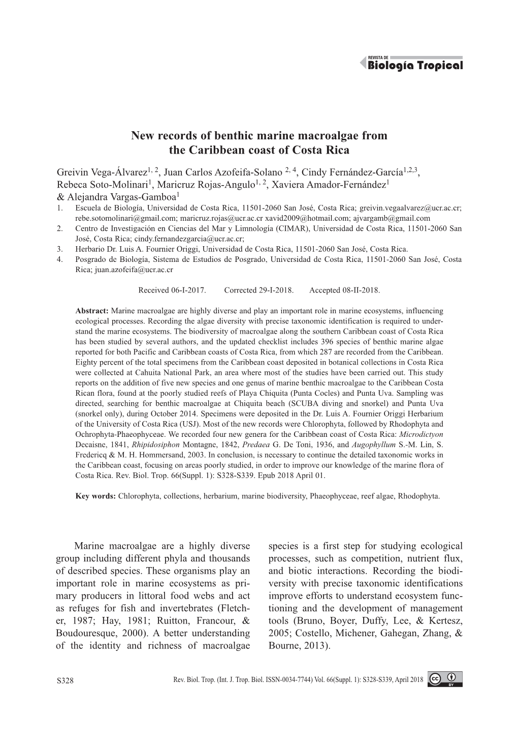 New Records of Benthic Marine Macroalgae from the Caribbean Coast of Costa Rica