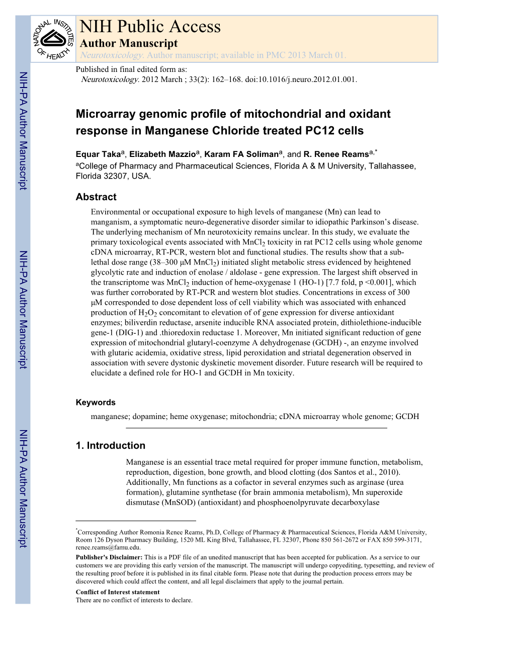 Microarray Genomic Profile of Mitochondrial and Oxidant Response in Manganese Chloride Treated PC12 Cells