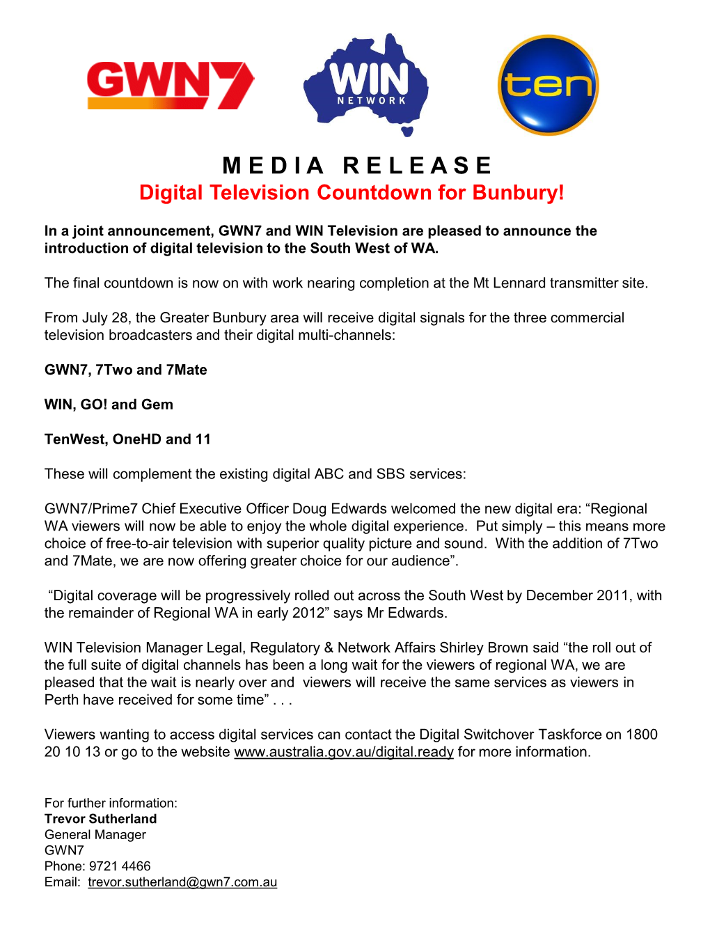 Digital Rollout Press Release Bunbury 2011-07-28