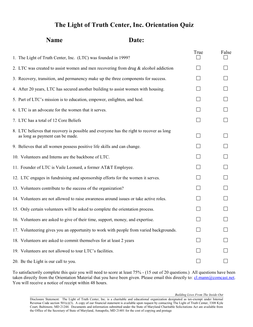 The Light of Truth Center, Inc. Orientation Quiz