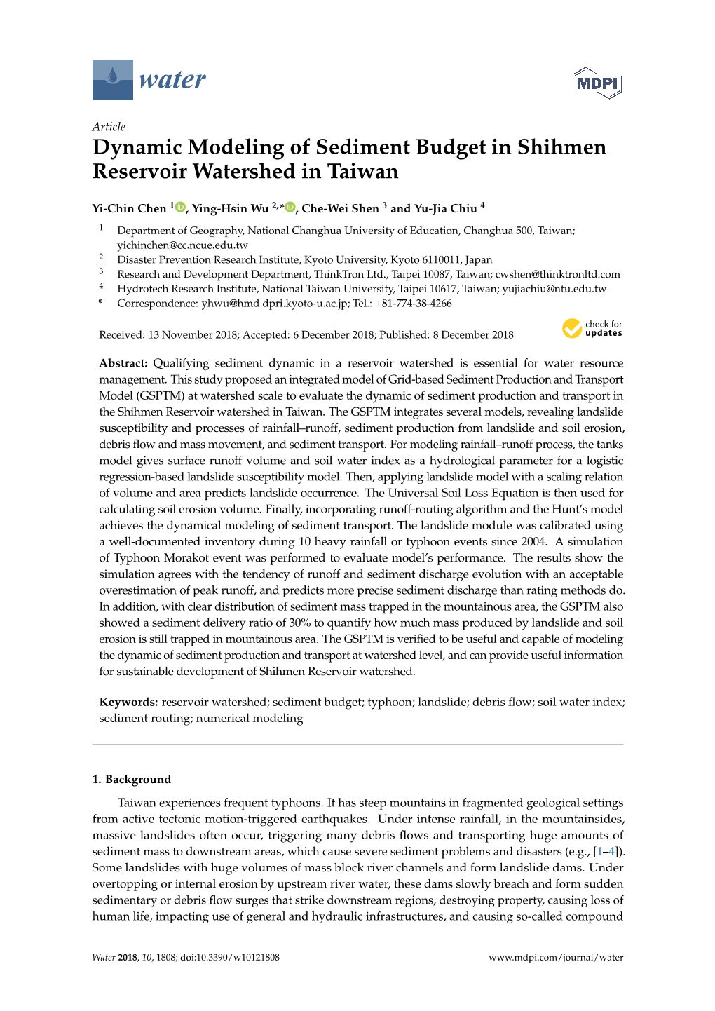 Dynamic Modeling of Sediment Budget in Shihmen Reservoir Watershed in Taiwan