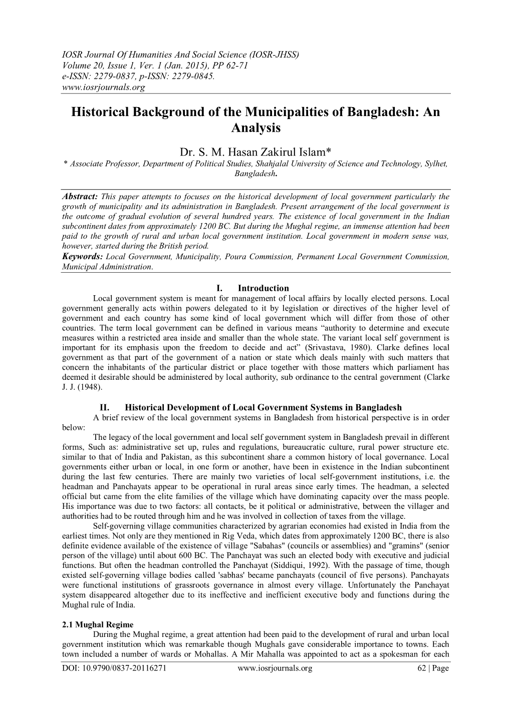 Historical Background of the Municipalities of Bangladesh: an Analysis