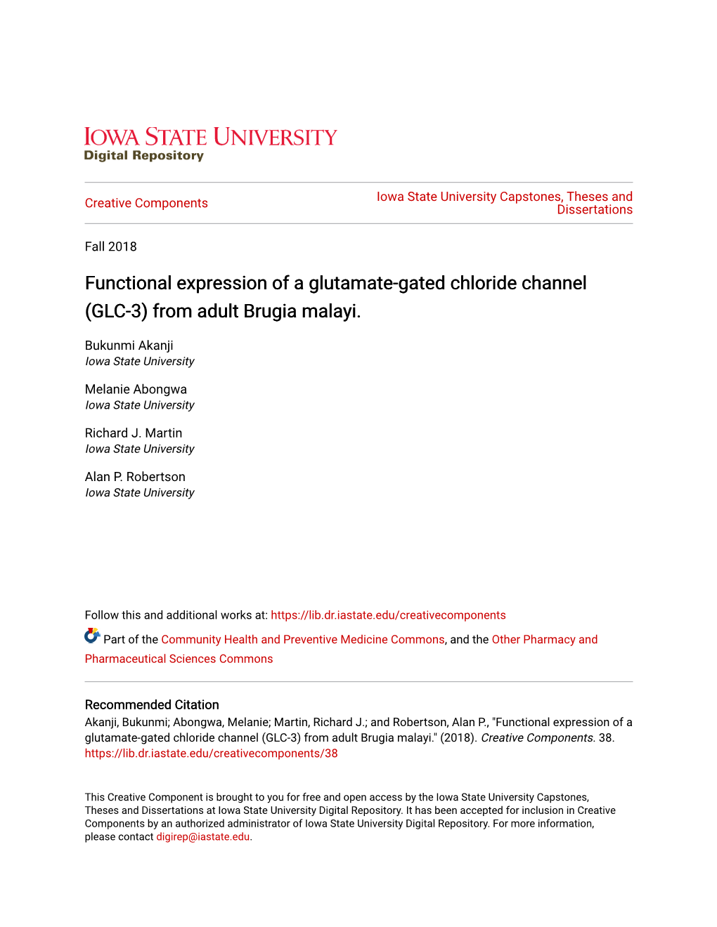 Functional Expression of a Glutamate-Gated Chloride Channel (GLC-3) from Adult Brugia Malayi