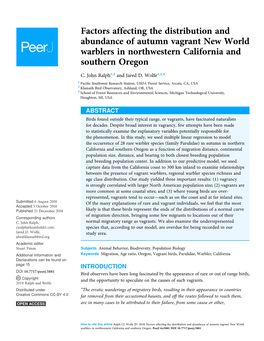 Factors Affecting the Distribution and Abundance of Autumn Vagrant New World Warblers in Northwestern California and Southern Oregon