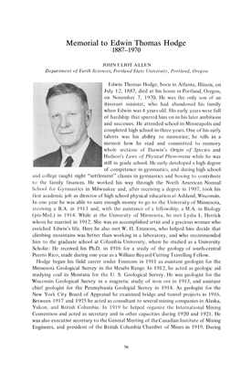 Memorial to Edwin Thomas Hodge 1887-1970