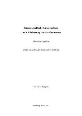 Wissenschaftliche Untersuchung Zur NS-Belastung Von Straßennamen