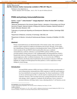 Pi3kδ and Primary Immunodeficiencies
