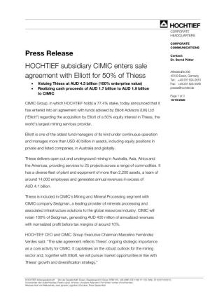 Press Release HOCHTIEF Subsidiary CIMIC Enters Sale Agreement With