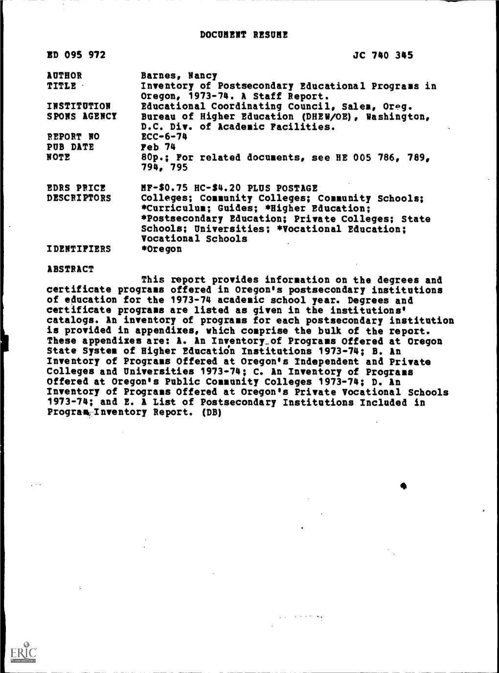 Inventory of Postsecondary Educational Programs in Oregon, 1973-74