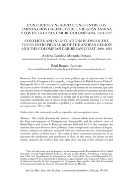 Conflictos Y Negociaciones Entre Los Empresarios Harineros De La Región Andina Y Los De La Costa Caribe Colombiana, 1904-1912*