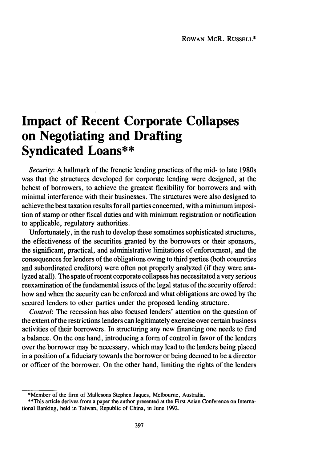 Impact of Recent Corporate Collapses on Negotiating and Drafting Syndicated Loans**