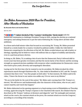Joe Biden Announces 2020 Run for President, After Months of Hesitation - the New York Times