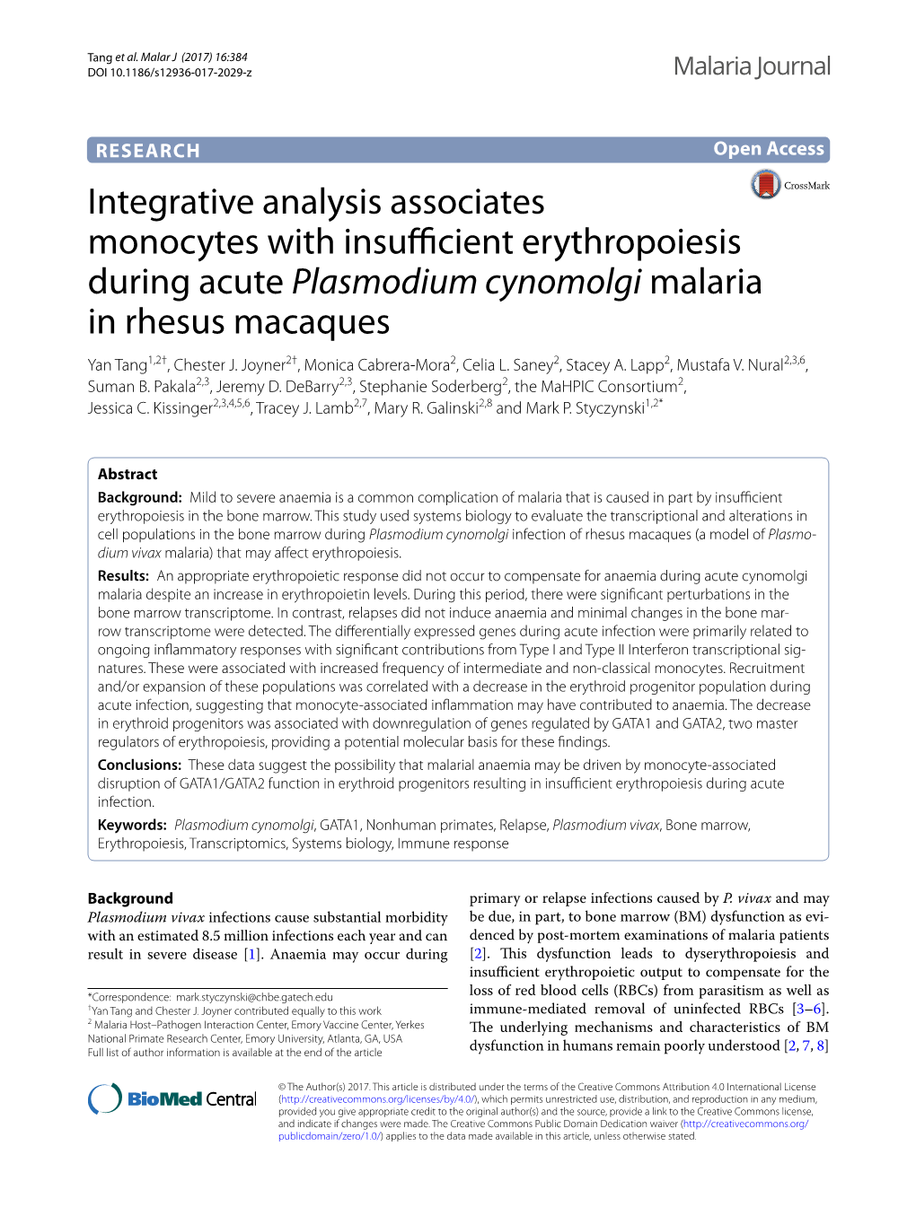 Plasmodium Cynomolgi Malaria in Rhesus Macaques Yan Tang1,2†, Chester J