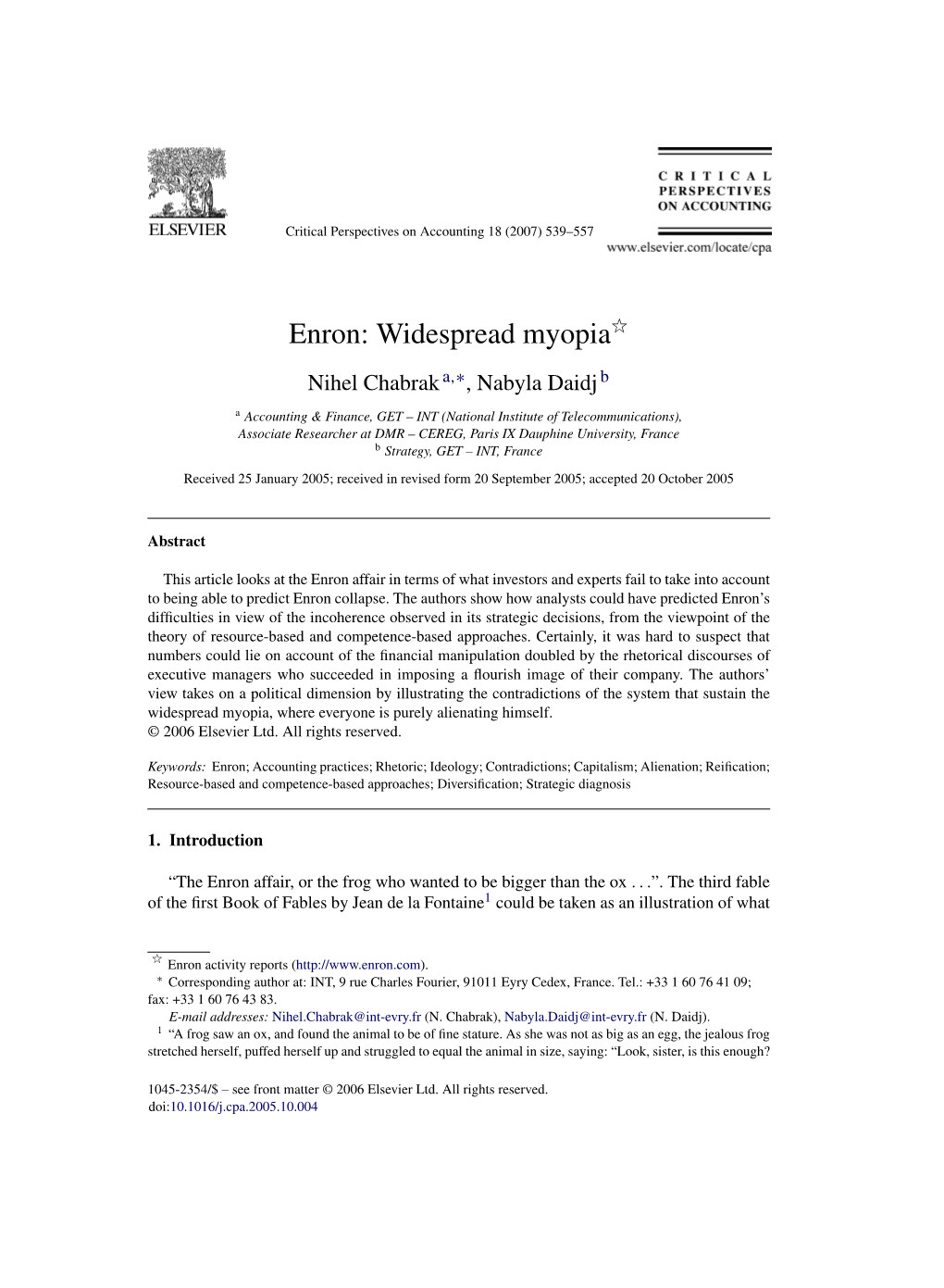 Enron: Widespread Myopiaଝ