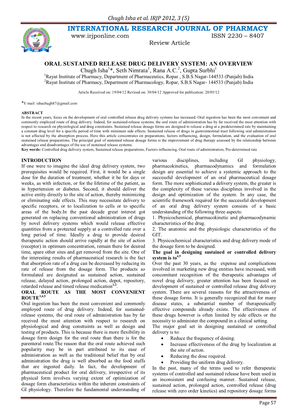 Oral Sustained Release Drug Delivery System