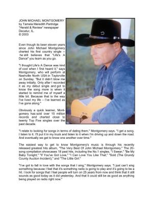 JOHN MICHAEL MONTGOMERY by Tamela Meredith Partridge “Herald & Review” Newspaper Decatur, IL