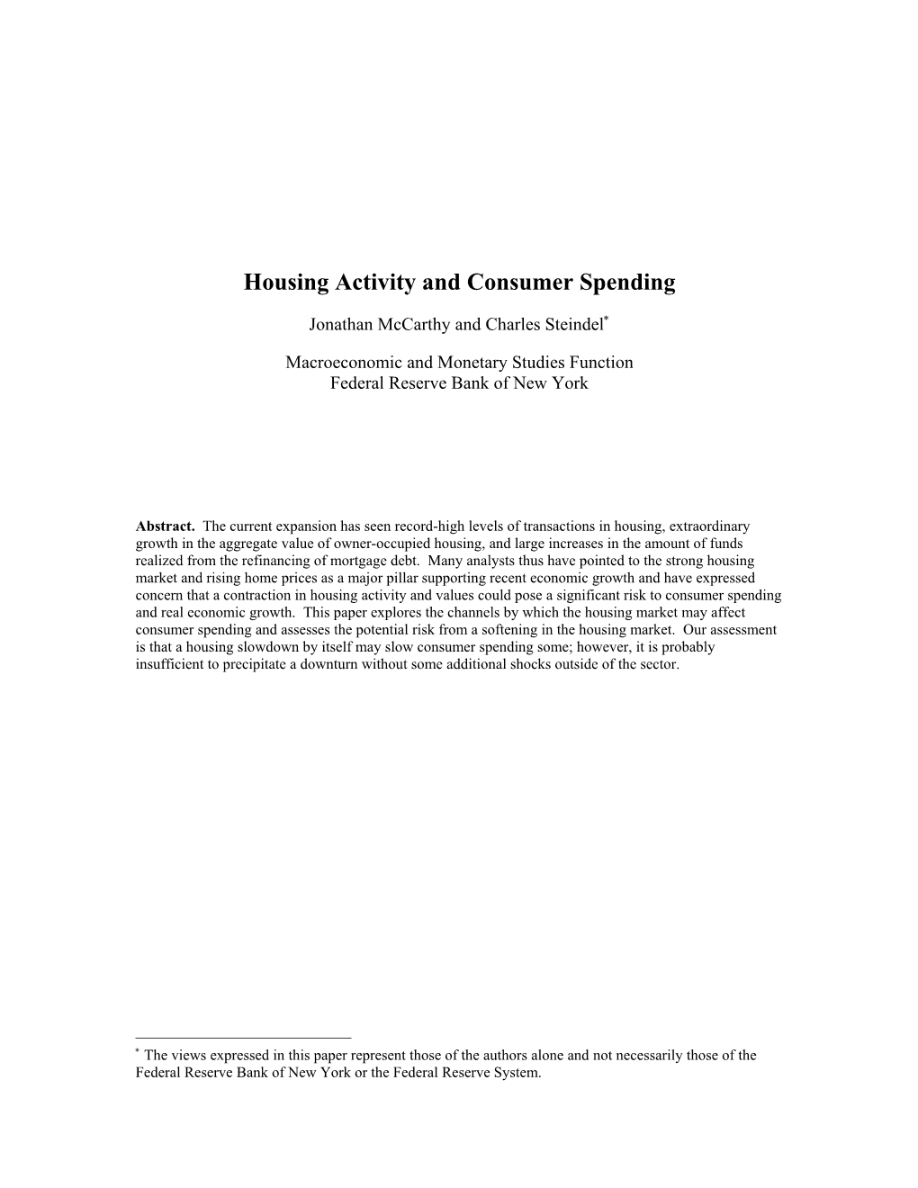 Housing Activity and Consumer Spending