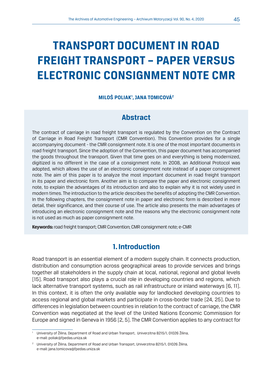 Transport Document in Road Freight Transport – Paper Versus Electronic Consignment Note Cmr
