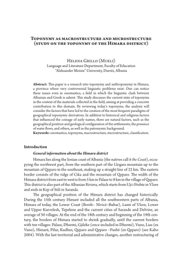 Toponymy As Macrostructure and Microstructure (Study on the Toponymy of the Himara District)