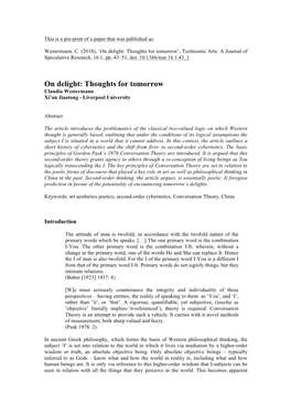 On Delight: Thoughts for Tomorrow (Pre-Print)