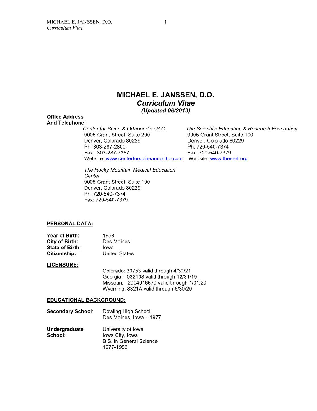 MICHAEL E. JANSSEN, DO Curriculum Vitae