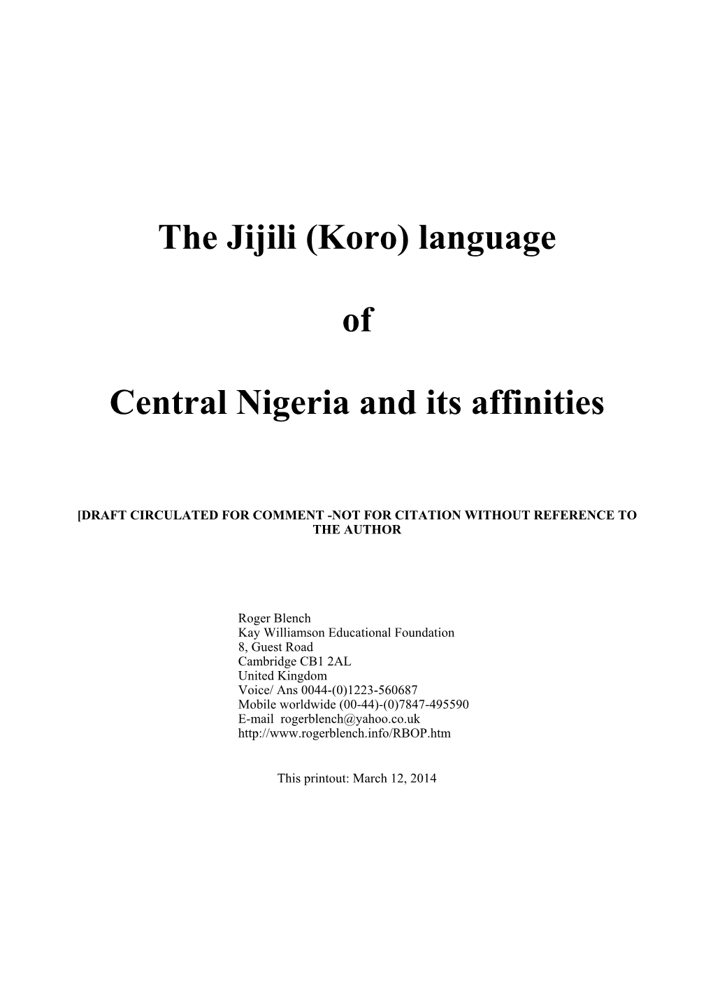 The Jijili (Koro) Language of Central Nigeria and Its Affinities