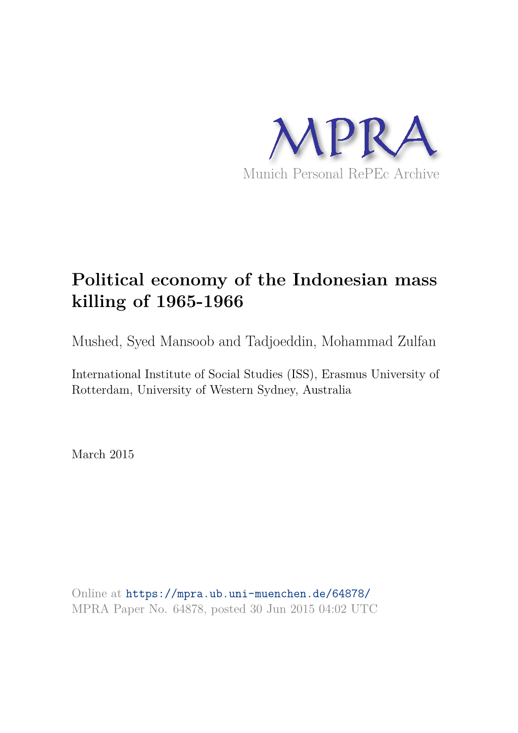 Political Economy of the Indonesian Mass Killing of 1965-1966