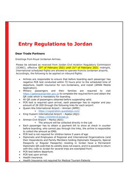 Entry Regulations to Jordan