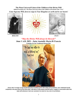 “May the Divine Will Always Be Blessed!” June 1 A.D. 2021 – Saint Anniable Maria Di Francia Calendar for the Traditional Roman Rite