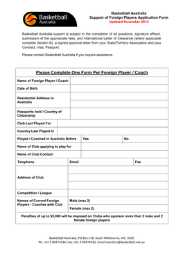 Please Complete One Form Per Foreign Player / Coach