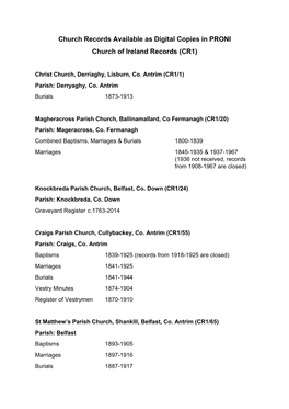 Church Records Available As Digital Copies in PRONI Church of Ireland Records (CR1)