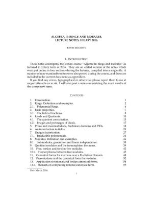 Algebra Ii: Rings and Modules. Lecture Notes, Hilary 2016