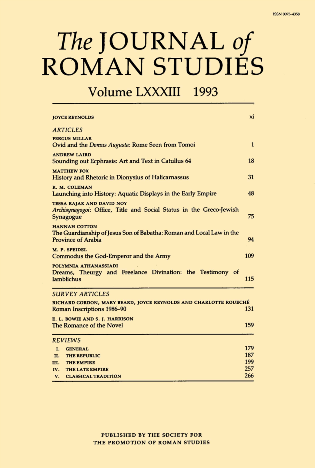 JOURNAL of ROMAN STUDIES Volume LXXXIII 1993