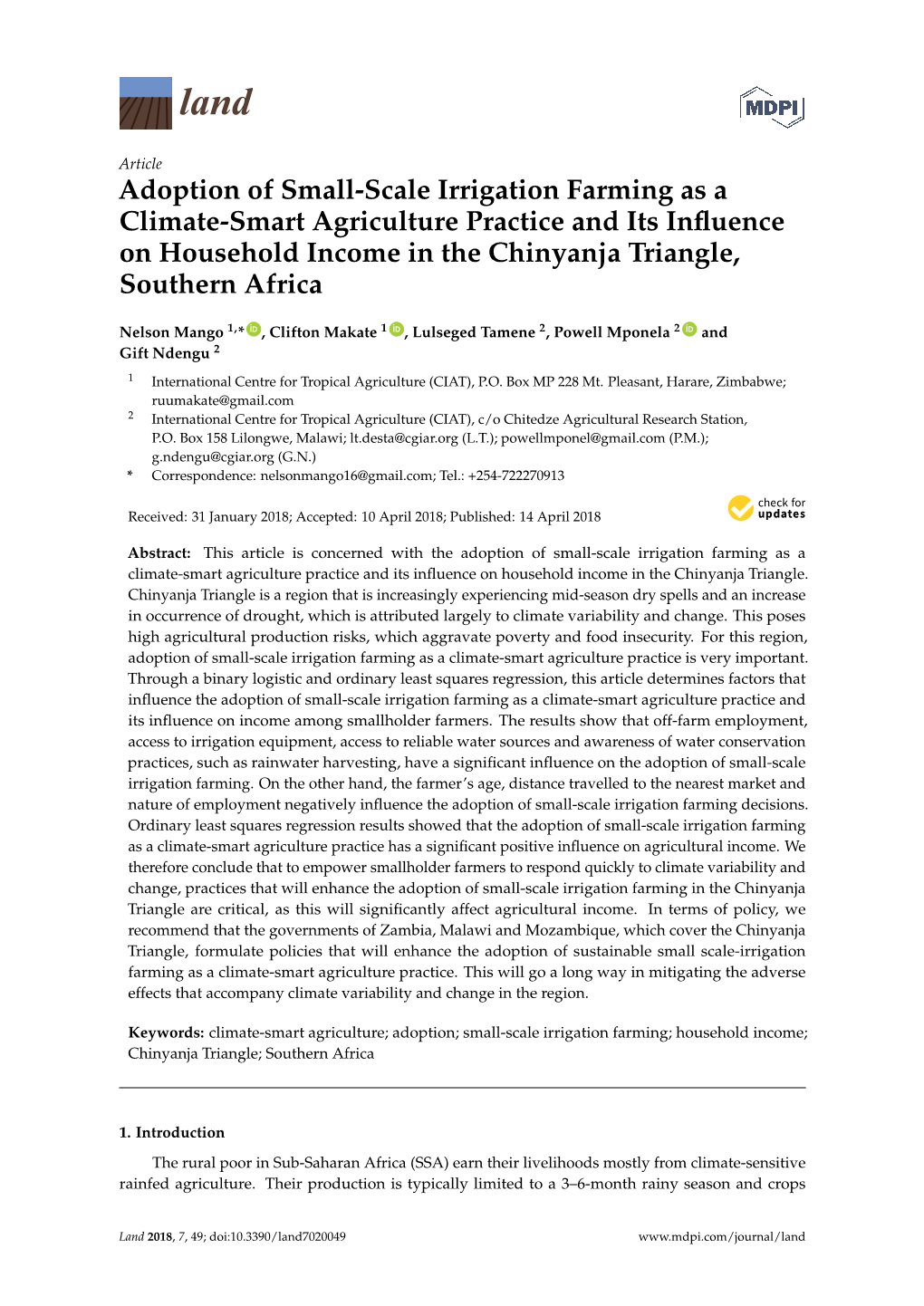 Adoption of Small-Scale Irrigation Farming As a Climate-Smart Agriculture Practice and Its Inﬂuence on Household Income in the Chinyanja Triangle, Southern Africa