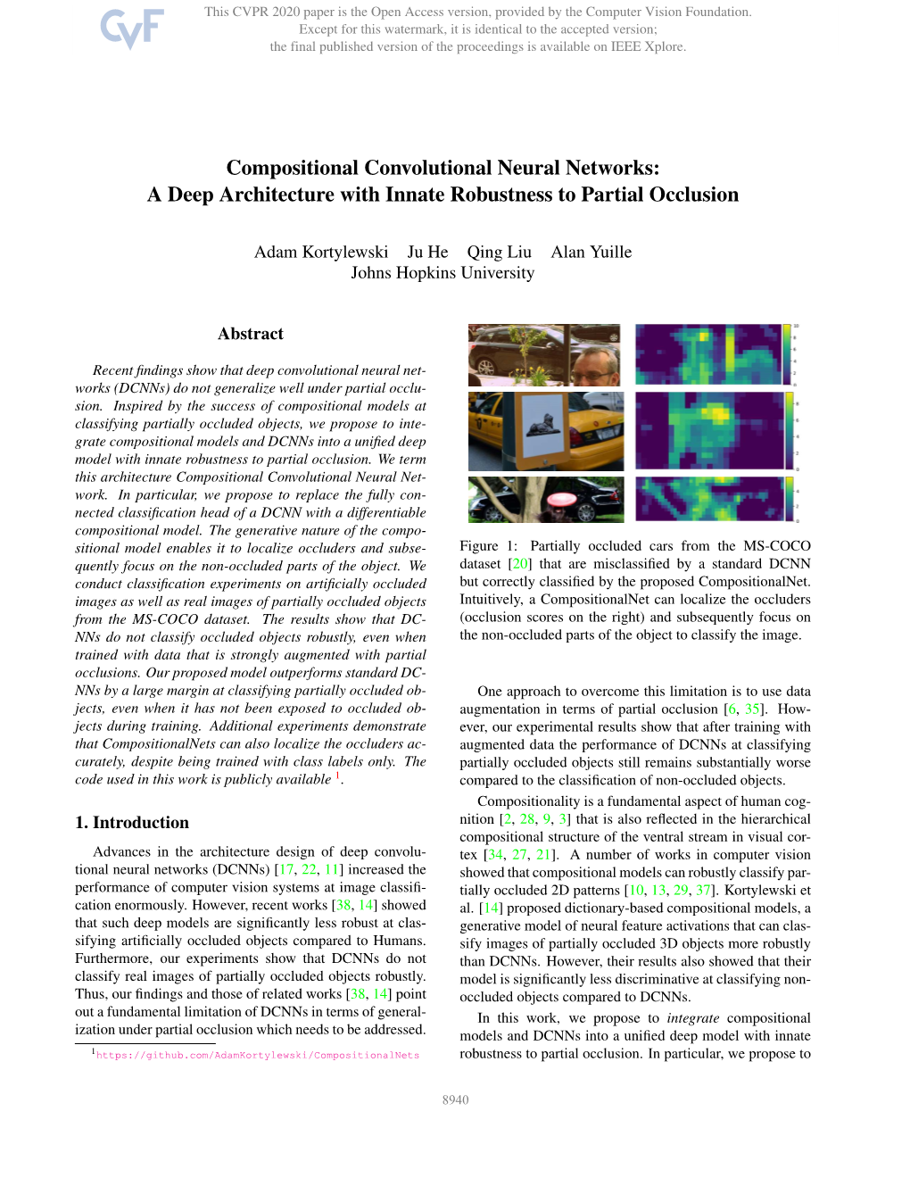 Compositional Convolutional Neural Networks: a Deep Architecture with Innate Robustness to Partial Occlusion