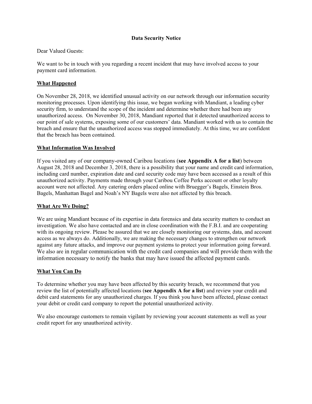 If You Visited Any of Our Company-Owned Caribou Locations (See Appendix a for a List) Between We Also Are in Regular Communicati