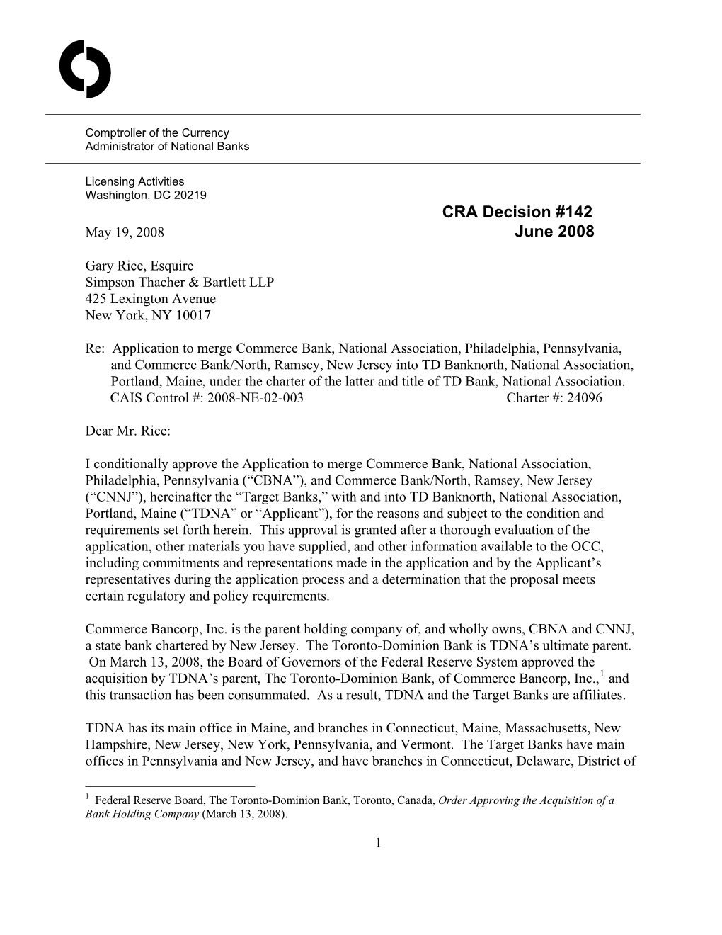 CRA Decision #142 May 19, 2008 June 2008