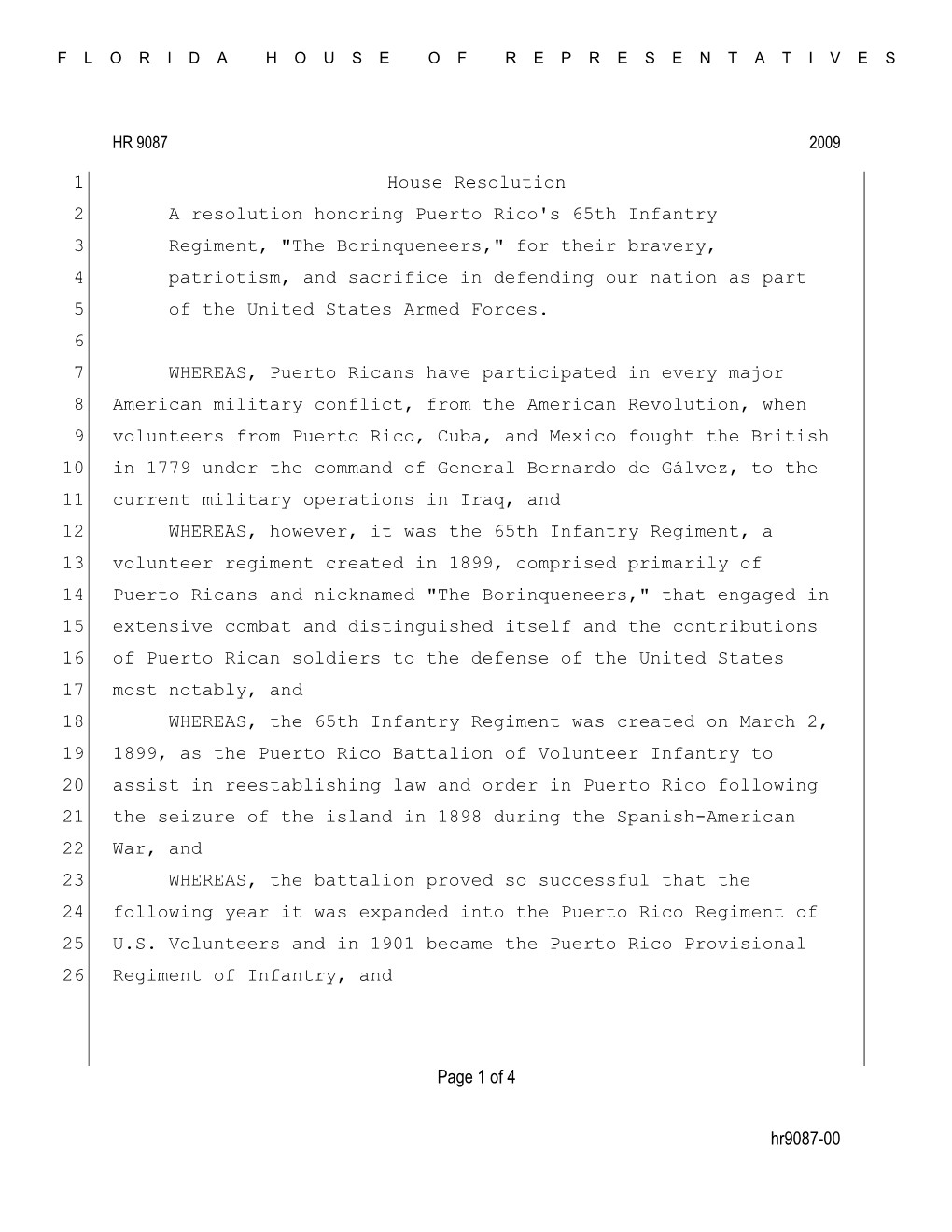 Hr9087-00 Page 1 of 4 House Resolution 1 a Resolution Honoring Puerto Rico's 65Th Infantry 2 Regiment